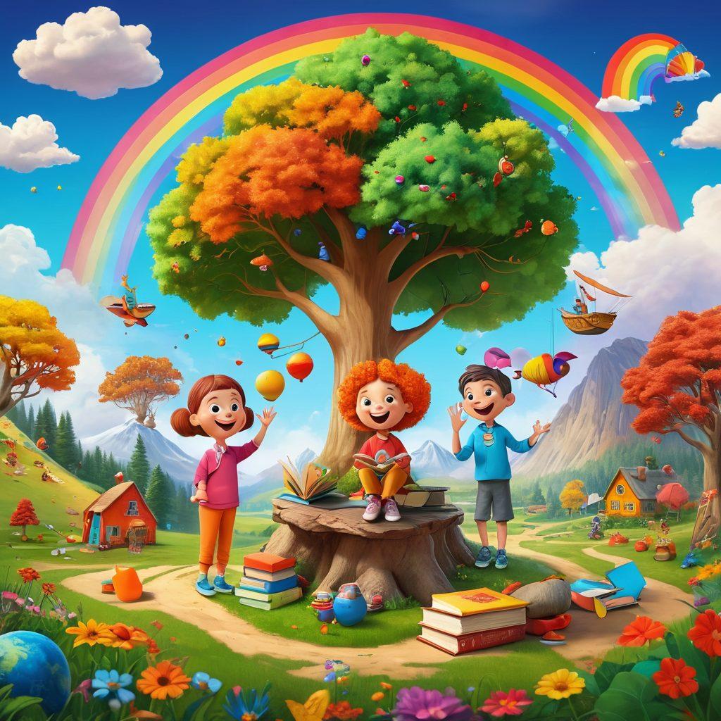 A colorful collage featuring cheerful animated characters engaged in fun, wholesome activities like laughing, painting, and exploring nature. Include elements of education such as books, globes, and science experiments, blending adventure with joy. The background should be bright and inviting with cartoonish trees and a rainbow. Capture a sense of excitement and curiosity suitable for children. vibrant colors. playful style. 3D.